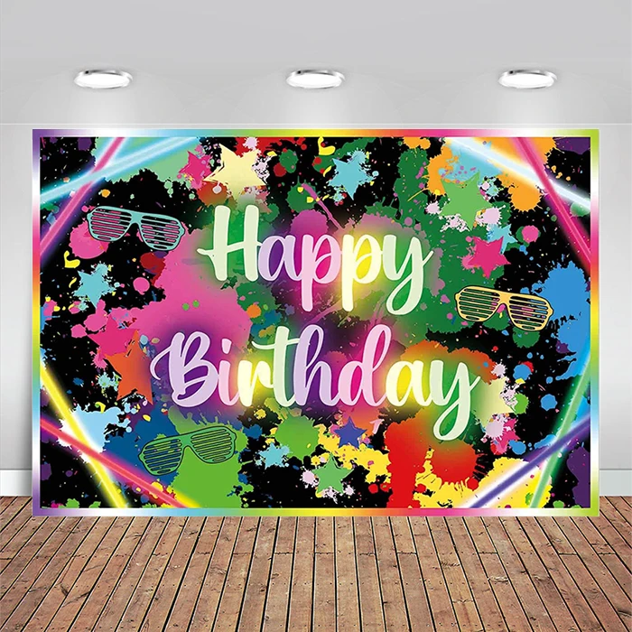 Glow In The Dark Birthday Backdrop Neon Let's Glow Dance Party Colorful Graffiti Abstract Splash Painting Disco Background