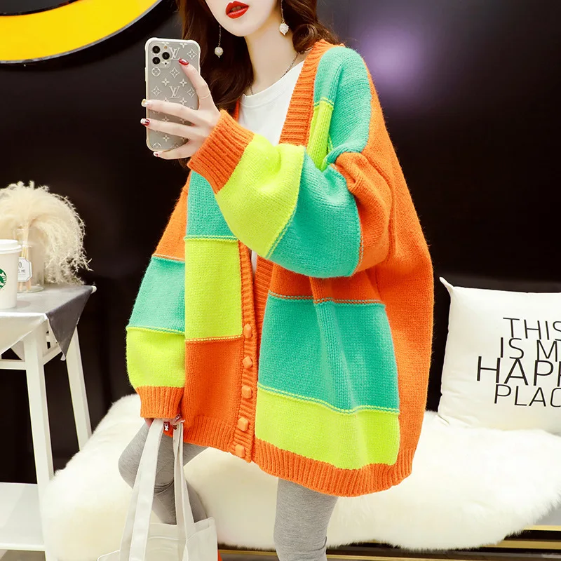 

Women Cardigan Korean Fashion Stripe Loose Knit Long Sleeve Tops Autumn Winter Clothes Sweater Striped Pull Femme Jersey Mujer