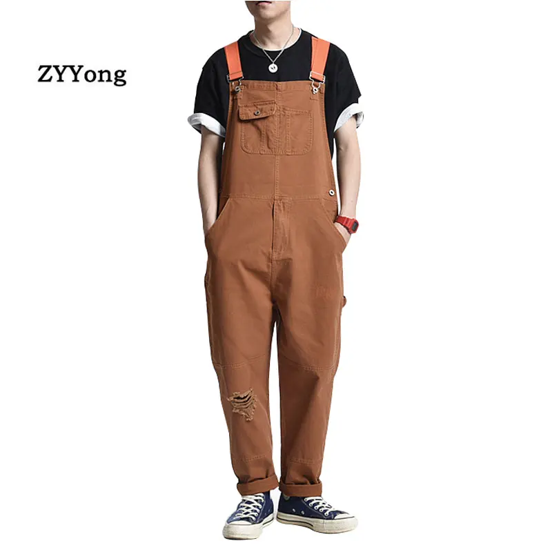 Overalls Men Bib Denim Jumpsuit Straight Ripped Jeans Hip Hop Big Pocket Cargo Pants Casual Blue Loose Trousers Clothing