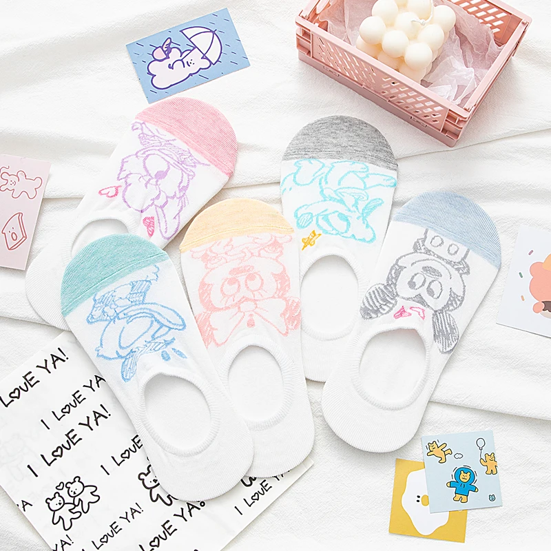 5 pairs=10 pieces women socks Sketch Cute Cartoon Animal short sock Non slip silicone Invisible socks Girl Ankle sock Size 35-40