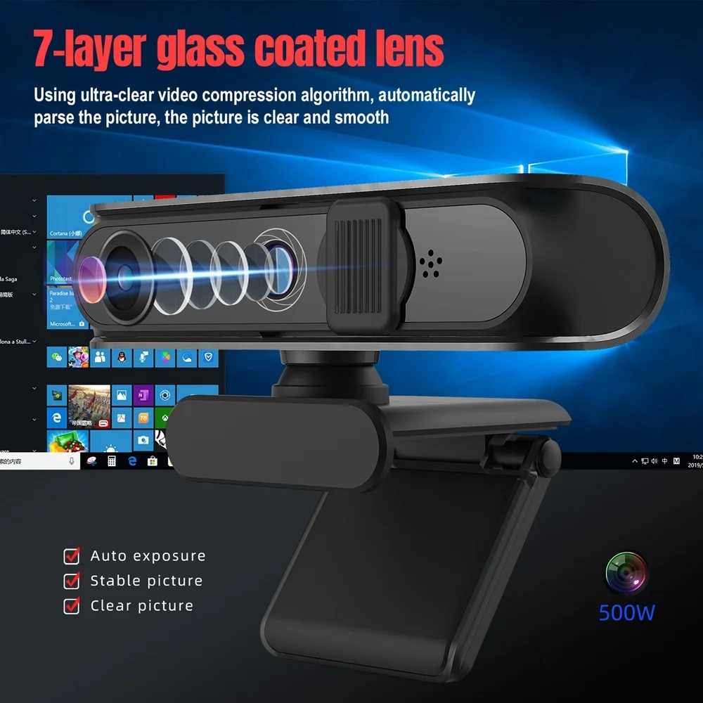 

Веб-камера 5MP Full HD 2592x1944 со встроенным двойным микрофоном и 7-слойным стеклянным объективом, веб-камера с автофокусом для Windows, ПК, ноутбука, USB