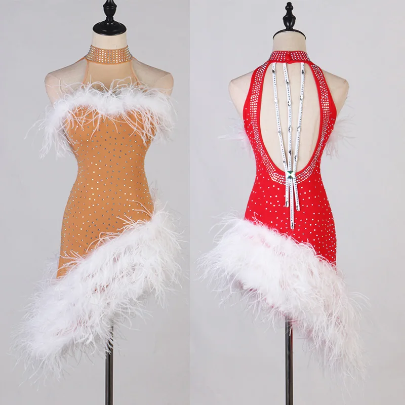 

New Latin Dance Competition Dress For Women Adult Rhinestone Feather Ballroom Dance Clothes Rumba Samba Tango Dancewear DQL5239