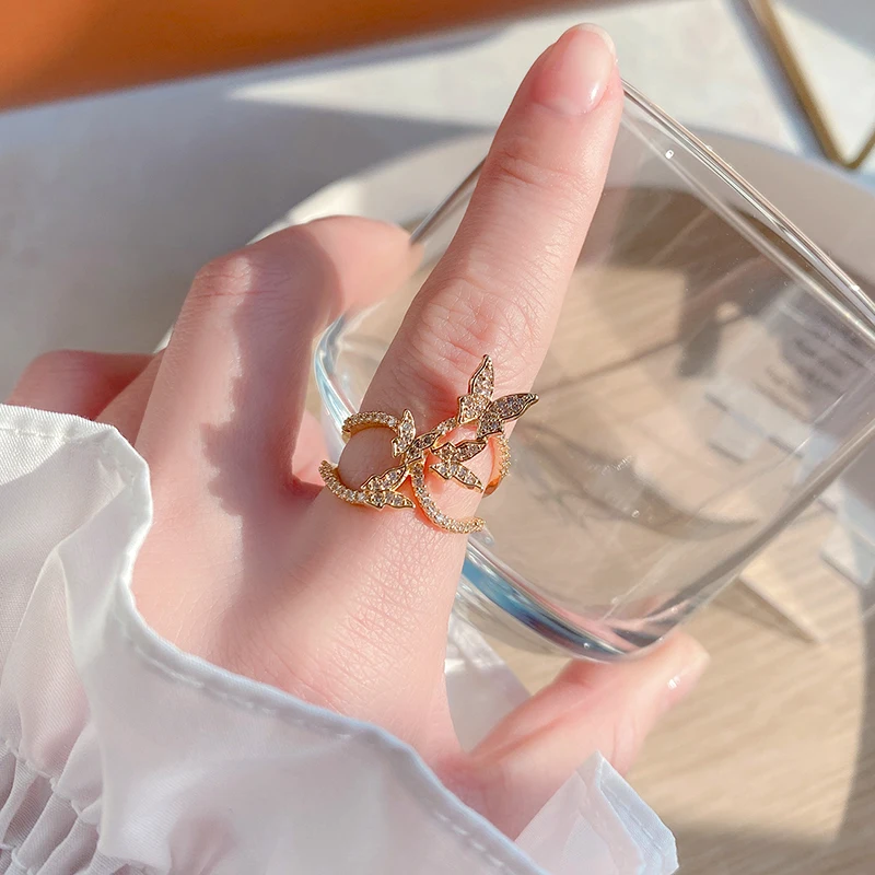 

Romantic Charming 14k Real Gold Butterfly Design Rings for Women Jewelry Adjustable Open Brilliant AAA Zirconia Party Fine Gift