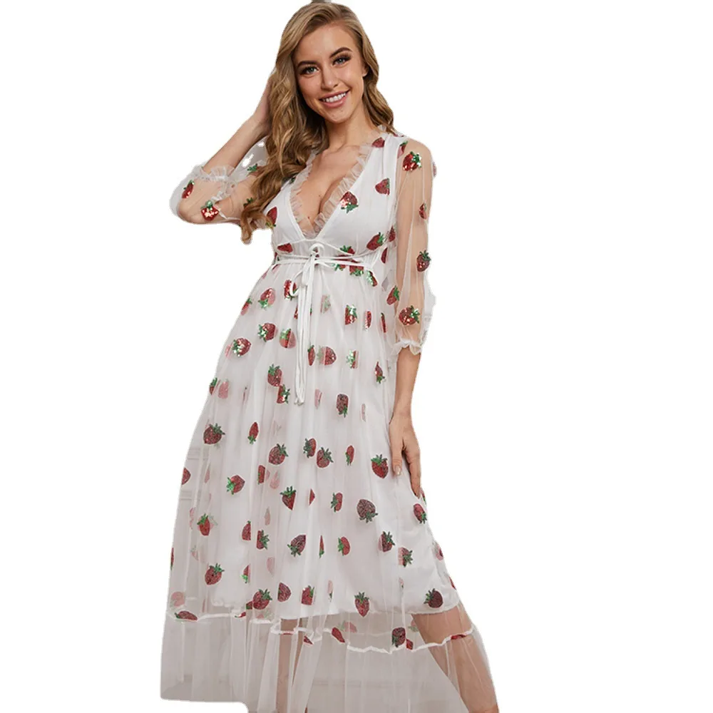 

2021 Women Fashion Strawberry Maxi Dress Sexy V-Neck Belt Sweet Voile Mesh Sequins Embroidery French Party Dresses Dropshipping