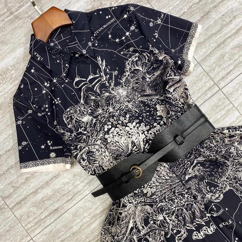 

Women fashion brand summer dress 2021 turn down collar short sleeve zodiac print cotton belted shirt dresses