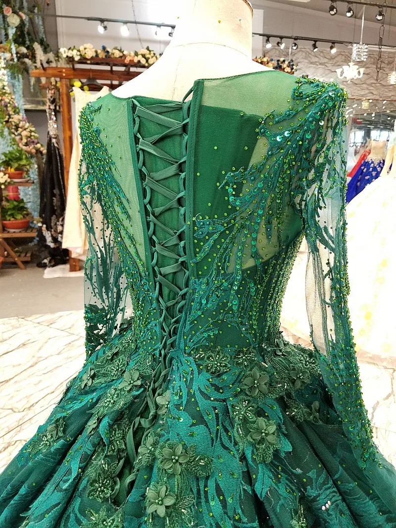 BGW 22026ht Royal Green Long Tulle Sleeve Party Dresses 2020 O-neck Lace Up Back Ball Gown Beauty Evening Dress Women Real Price