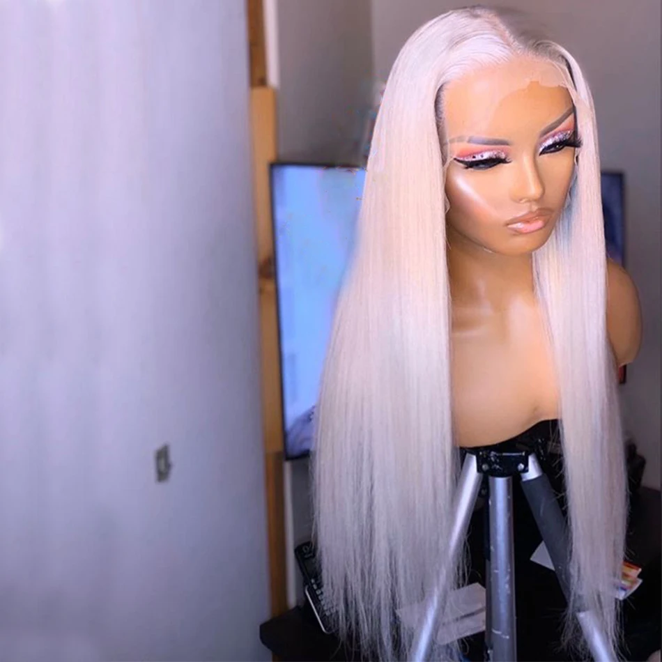 

Straight Platinum Blonde Transparent Brazilian Human Hair 13x4/6 Lace Frontal Wig With Babyhair Glueless Wig For Women Can Dye