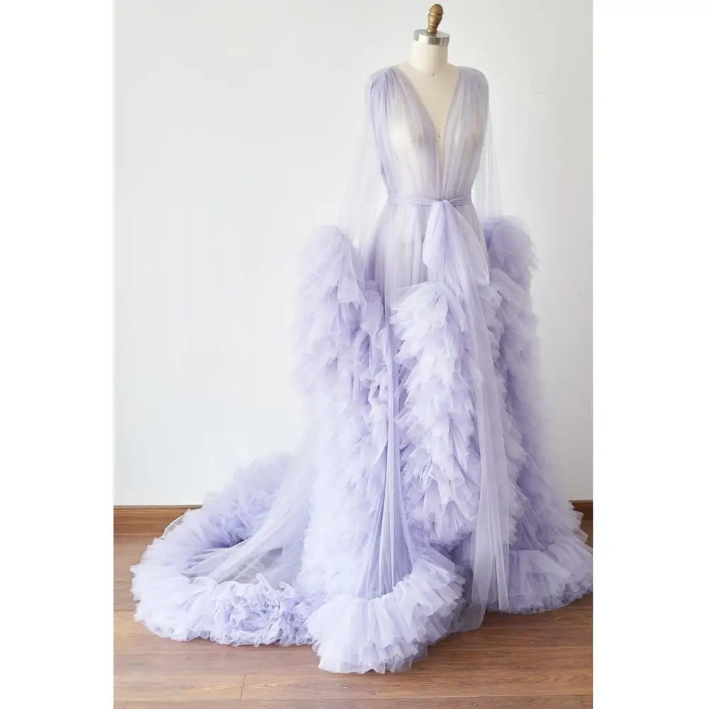 

High Quality Real Image Lilac Ruffles Tulle Long Robe Women Dresses Summer To Maternity Photoshoot Full Puffy Sleeves Prom Gowns