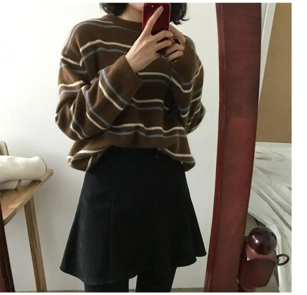 

Harajuku Knitted Loose Outwear Pullovers Women Sweaters Chic Daily Tops Soft Autumn O-Neck Sweet Student Striped Clothes