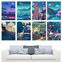 home decor canvas painting japanese anime night scene picture printing frameless waterproof ink painting room decoration