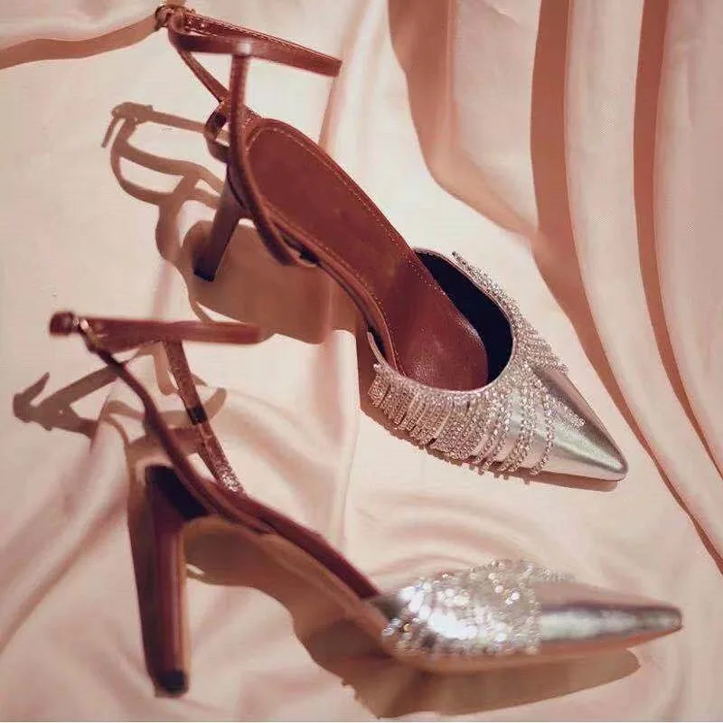 

European and American pointed toe rhinestone fringed women's sandals women's high heels