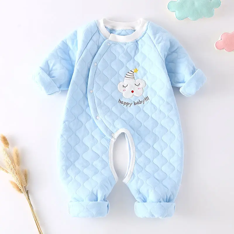 

Autumn Winter Baby Thermal Jumpsuit Newborn Cotton Three-layer Warm Rompers Solid Color Baby Long-sleeved Open Crotch Rompers