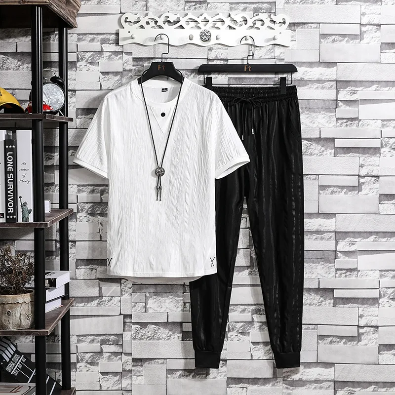 

Casual Suit Men's 2021 Summer Men's T-shirt Korean Sports Plus Size Nine-point Pants with A Handsome Set of Clothes