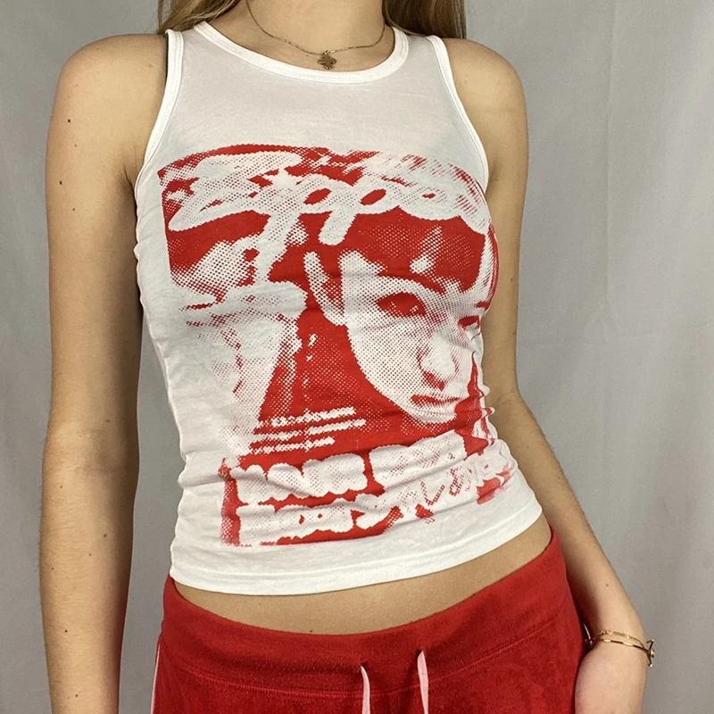 Gothic Emo Vintage Sleeveless Tank Top Face Graphic Printed Sweat Vest Y2K Aesthetic Harajuku Streetwear Women Slim Fit Crop | Женская