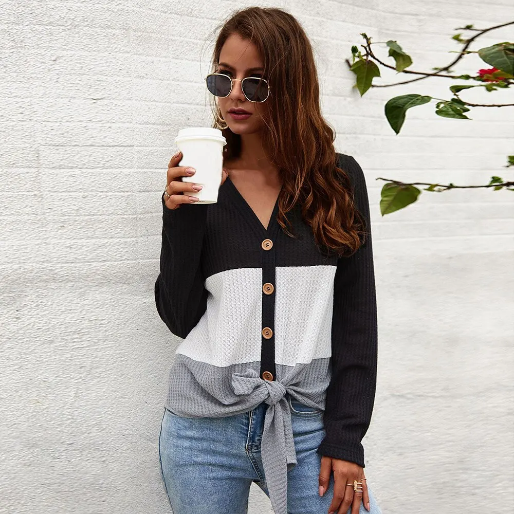 CALOFE 2019 New Casual Fashion Cardigans Lace Up Sweaters For Women Autumn Winter V-Neck Knitted Slim Patchwork Tops |