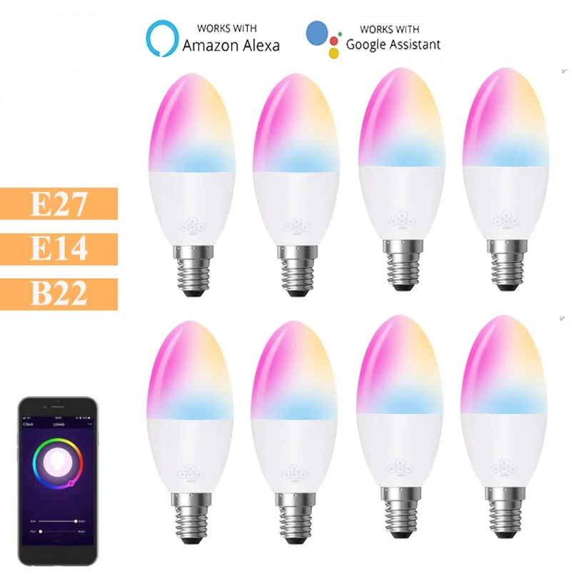 

Candle Smart RGB Wireless Wifi Bulb E27 E14 B22 LED Light Support Siri Alexa Google Home Voice Tuya SmartLife APP Remote Control