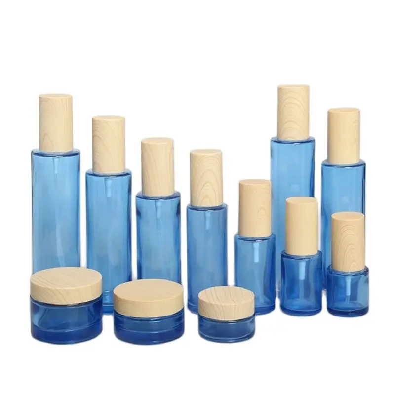 

20/30/60/80/100/120ml Empty Spray Bottle Blue Fine Mist Sprayer False Wood Cap Glass Cream Jar Refillable Lotion Pump Bottle