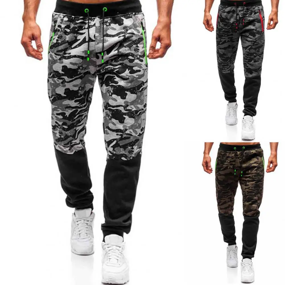 

Men Sweatpants Autumn Camouflage Elastic Waist Casual Patchwork Trousers Daily Wear Pockets Zipper Fly Men Ankle-banded Pants