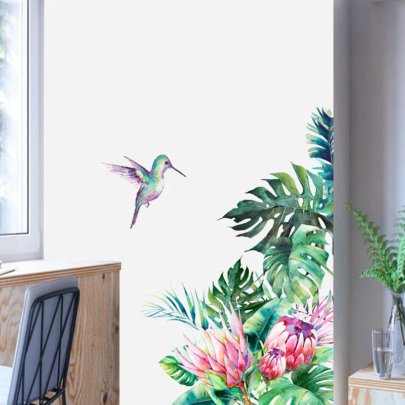 

Tropical leaves flowers bird wall stickers bedroom living room decoration mural home decor decals removable stickers wallpaper