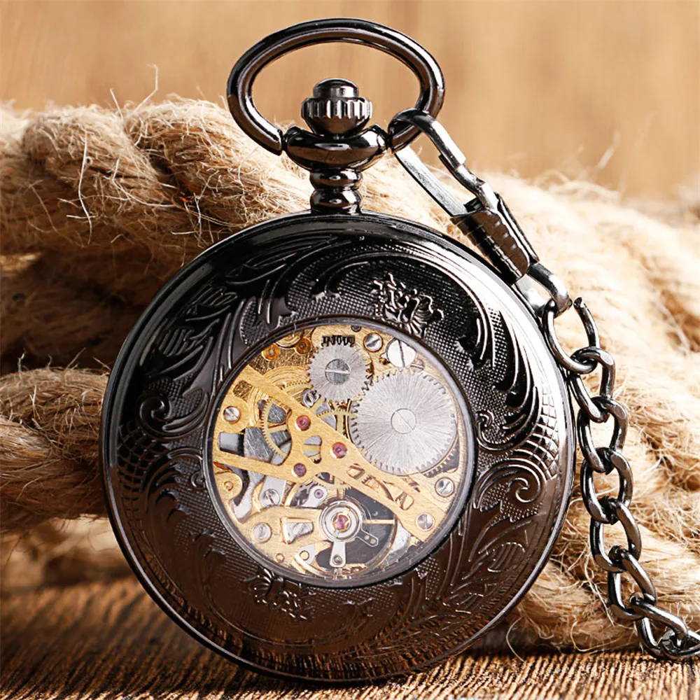 Vintage Black Hollow Flower Half Hunter Mechanical Pocket Watch Exquisite Luxury Pendant Pocket Clock Hand Winding Timepiece
