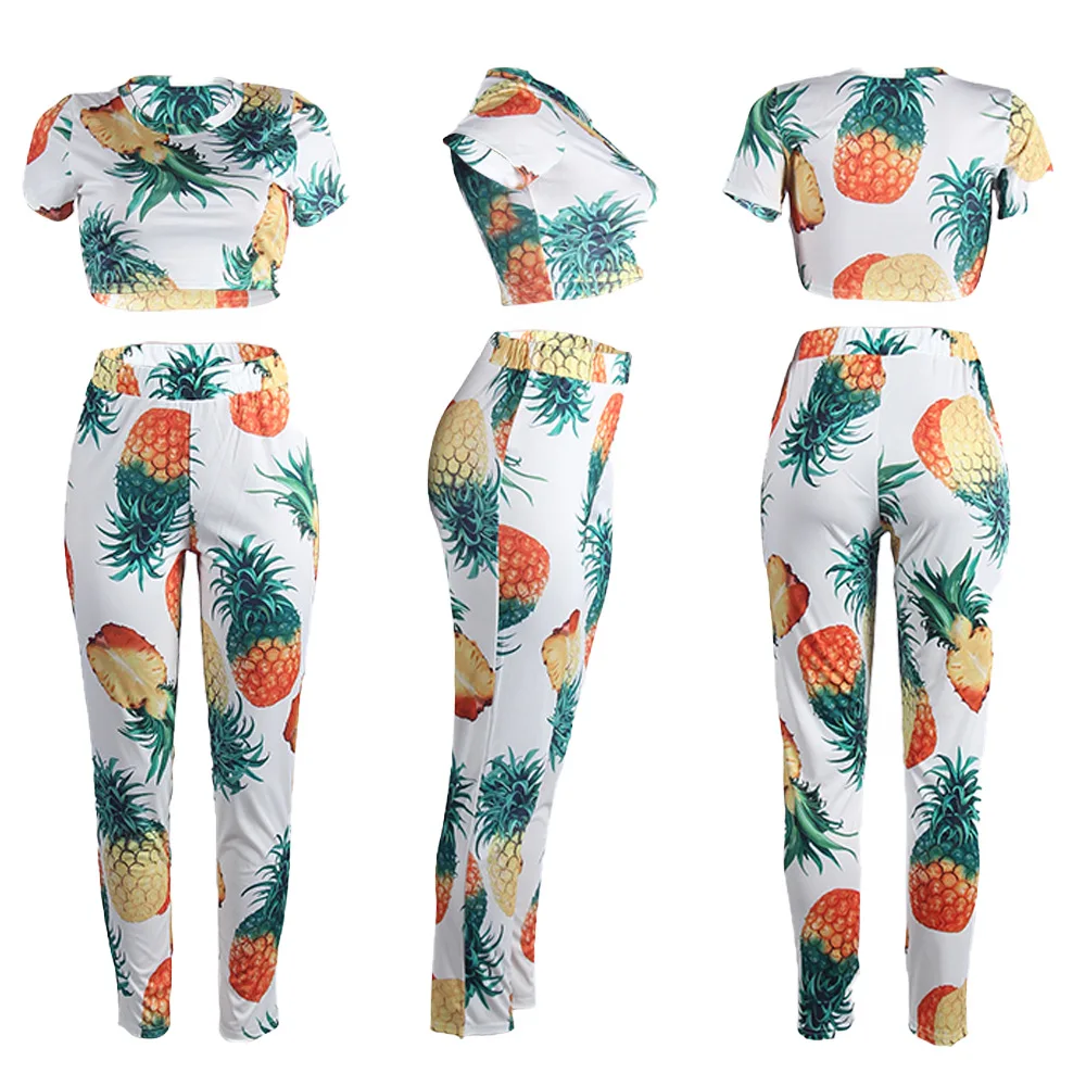 

2020 New Women Set Short Sleeve Sexy Open Navel Suit Printed Pineapple 2 Piece Set Outfits Tracksuits