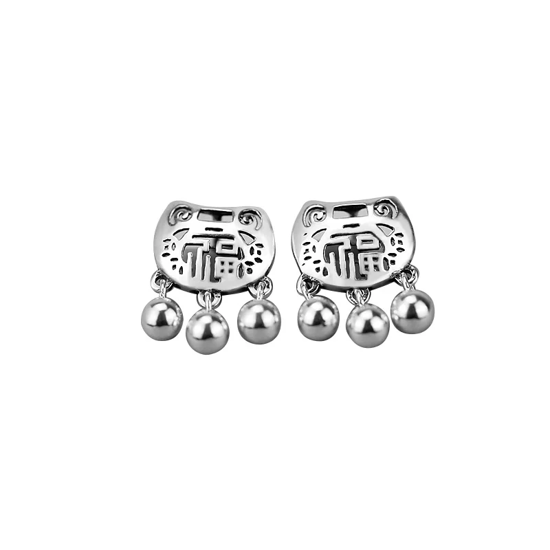 

925 Sterling Silver Lucky Longevity Lock Tassel Stud Earrings Women's Retro Beautiful Classical All-Match Earrings Ethnic Style
