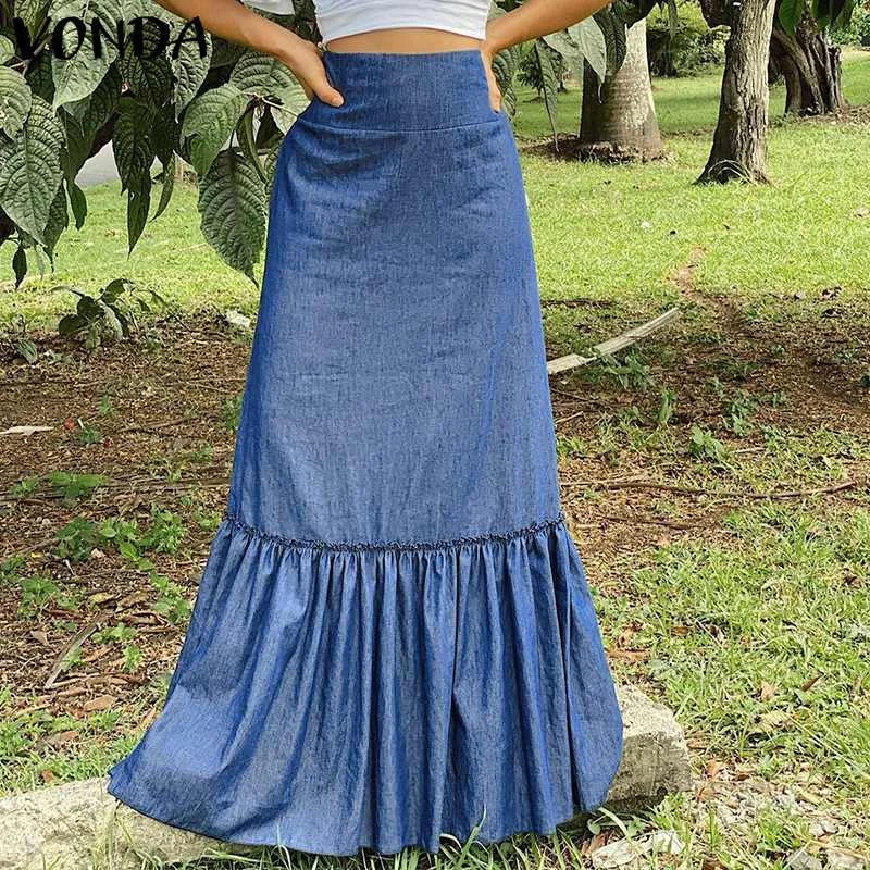 

Summer High Waist Denim Skirts VONDA 2021 Women Pleated Party A-line Skirt Faldas De Mujer Loose Long Maxi Streetwears Femme