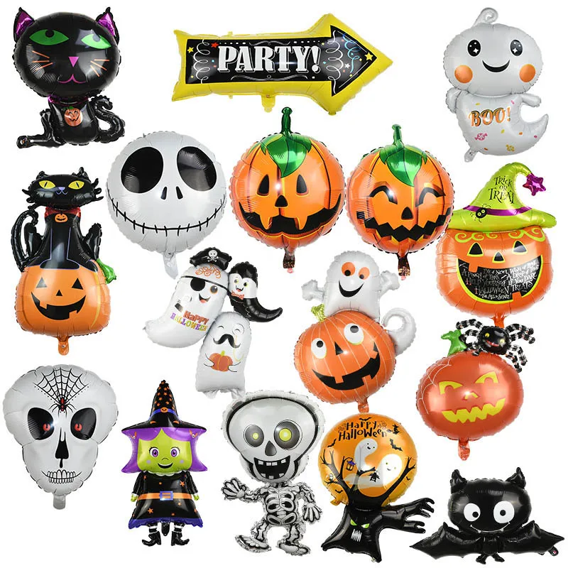 

1-9pcs/lot Halloween Foil Balloons Cartoon Ghost Skeleton Spider Pumpkin Bat Black Cat Halloween Vampire Bar Haunted House Decor