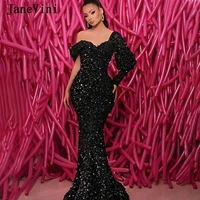 janevini dubai design black one shoulder long sleeve evening dresses 2020 strapless beading sequined luxury mermaid formal dress