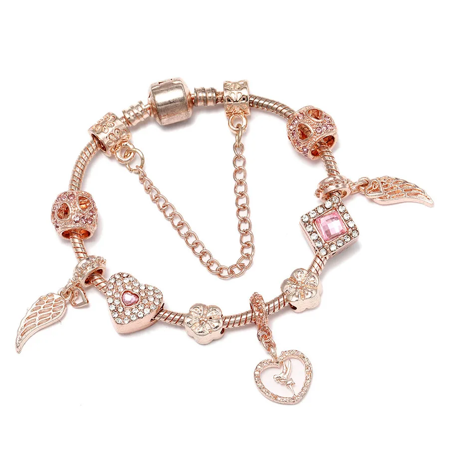 

Dinglly Rose Gold Wings Love Fairy Charm Bracelets For Women Girl Original Shiny Heart-shaped Beaded Fine Bracelet Jewelry