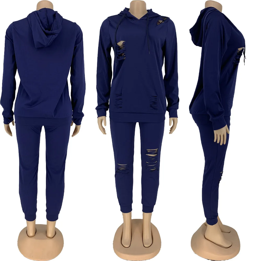 

Wholesale sexy ripped two-piece ladies long-sleeved elegant crop top leggings trousers suit leisure club clothing suit