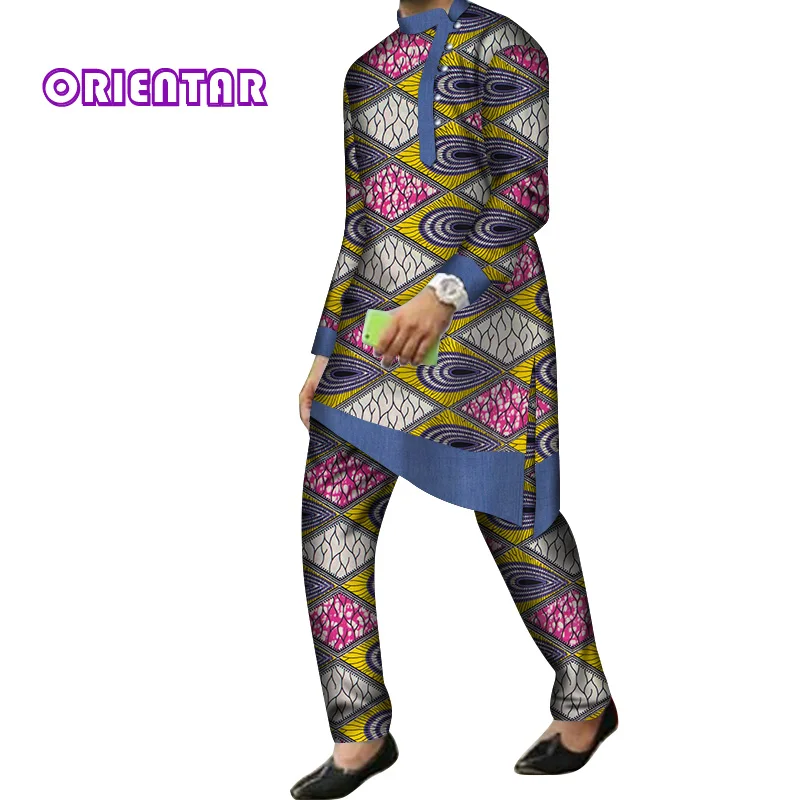 15 2 Pieces Set Men African Clothes Long Sleeve Shirt and Pants Traditional African Bazin Riche Print Dashiki Suit Trousers WYN844 - Цвет: 15
