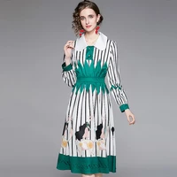 new vintage spring autumn elegant shirt dresses women fashion runway long sleeve striped floral print lady party dress