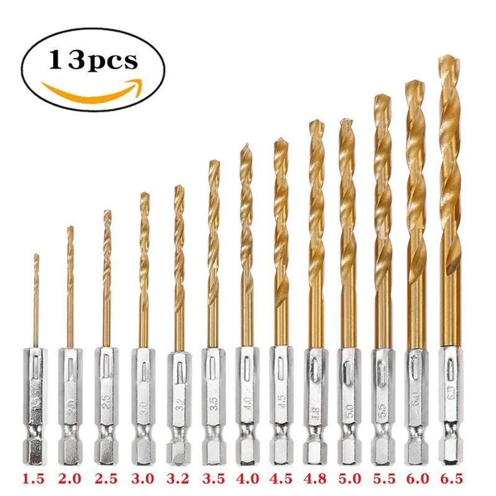 

13Pcs HSS High Speed Steel Titanium Coated Drill Bit Set 1/4 Hex Shank 1.5mm-6.5mm Hexagonal Handle Twist Drill For Woodworking