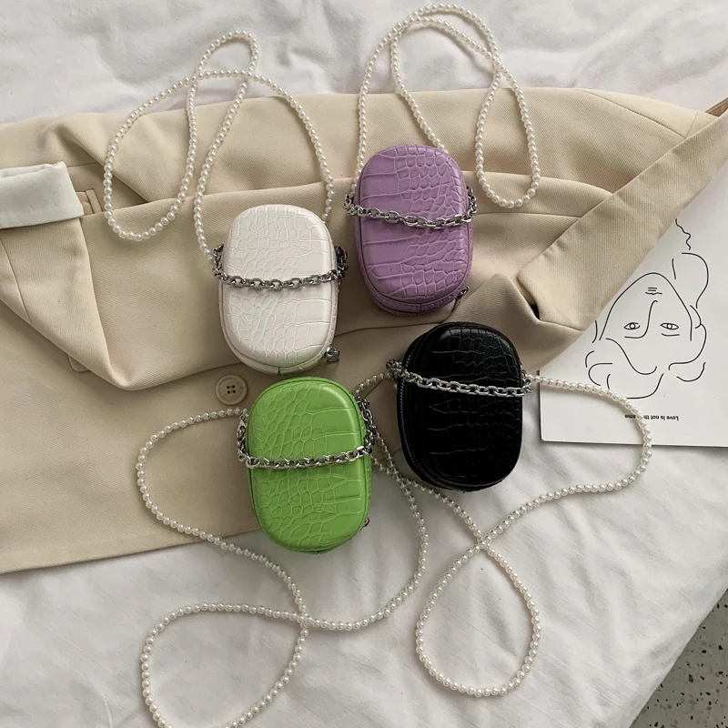 Мини-сумки через плечо с крокодиловым узором и жемчужной цепочкой для женщин 2020