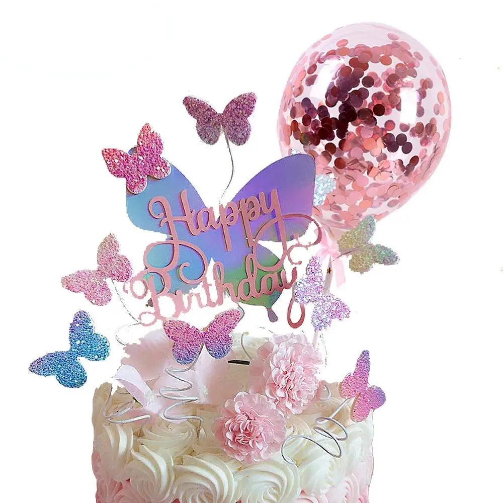 

1 SET Gradient Sequise Butterfly Cake Topper Rose Gold Confetti Balloon Cake Decoration Wedding Kids Party Cupcake Topper