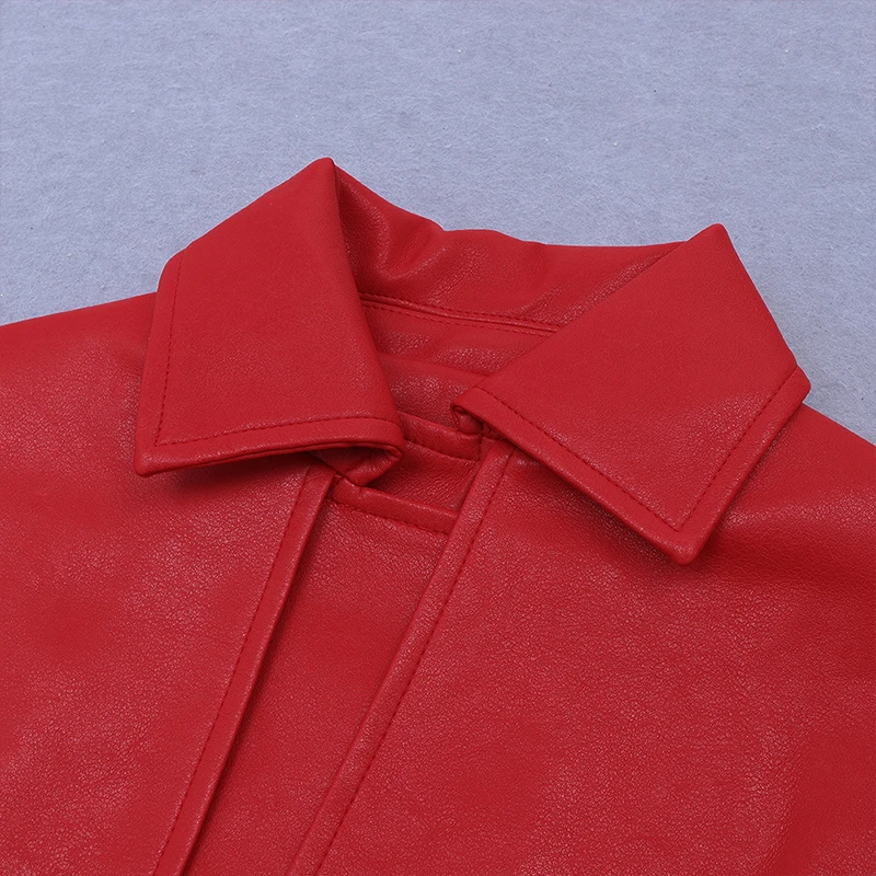 

Elegant Pu Single-Button Waistband Long Leather red Jacket Fashion Lady Overcoat Plus Leather winter designer jacket women 2020
