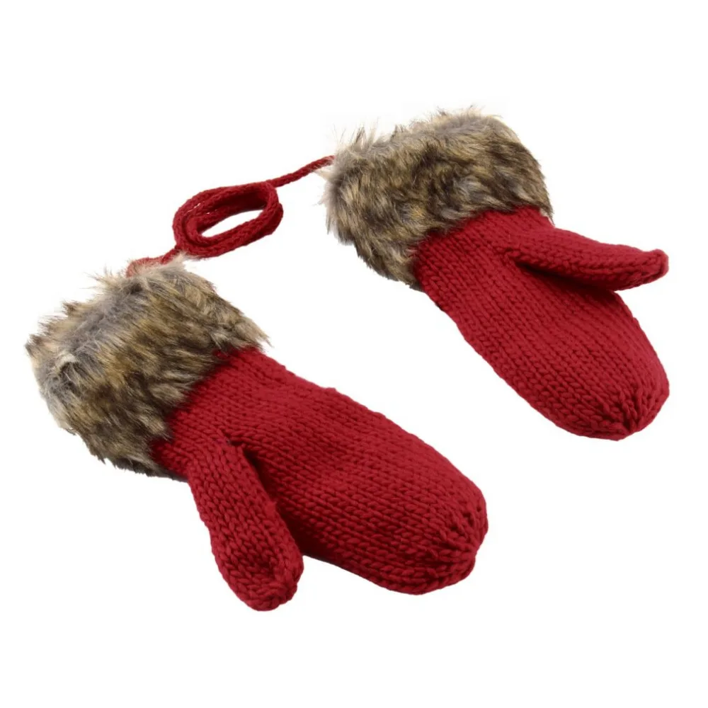 

Winter Warm Mittens Thick Knitted Weave Woolen Fur Halter Strap Gloves Girl
