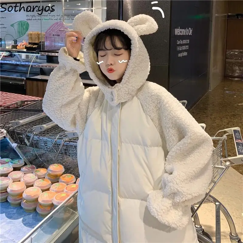Женские стильные парки средней длины с капюшоном Kawaii Студенческая Лоскутная