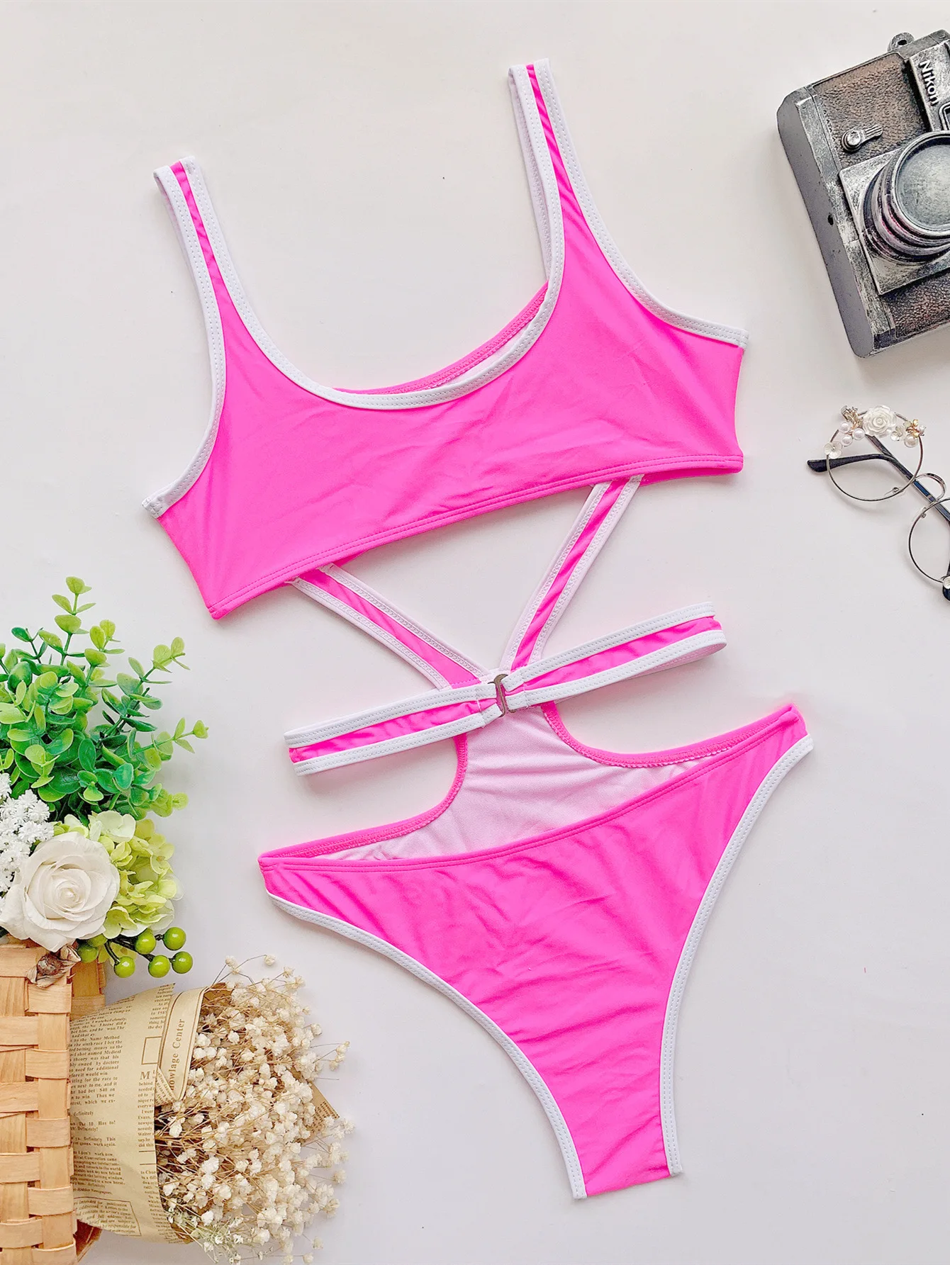 

Sexy Neon Pink One Piece Swimsuit 2021 Women Hollow Out Push Up Backless Swimwear High Leg Cut Bathing Suit Bodysuit Monokini