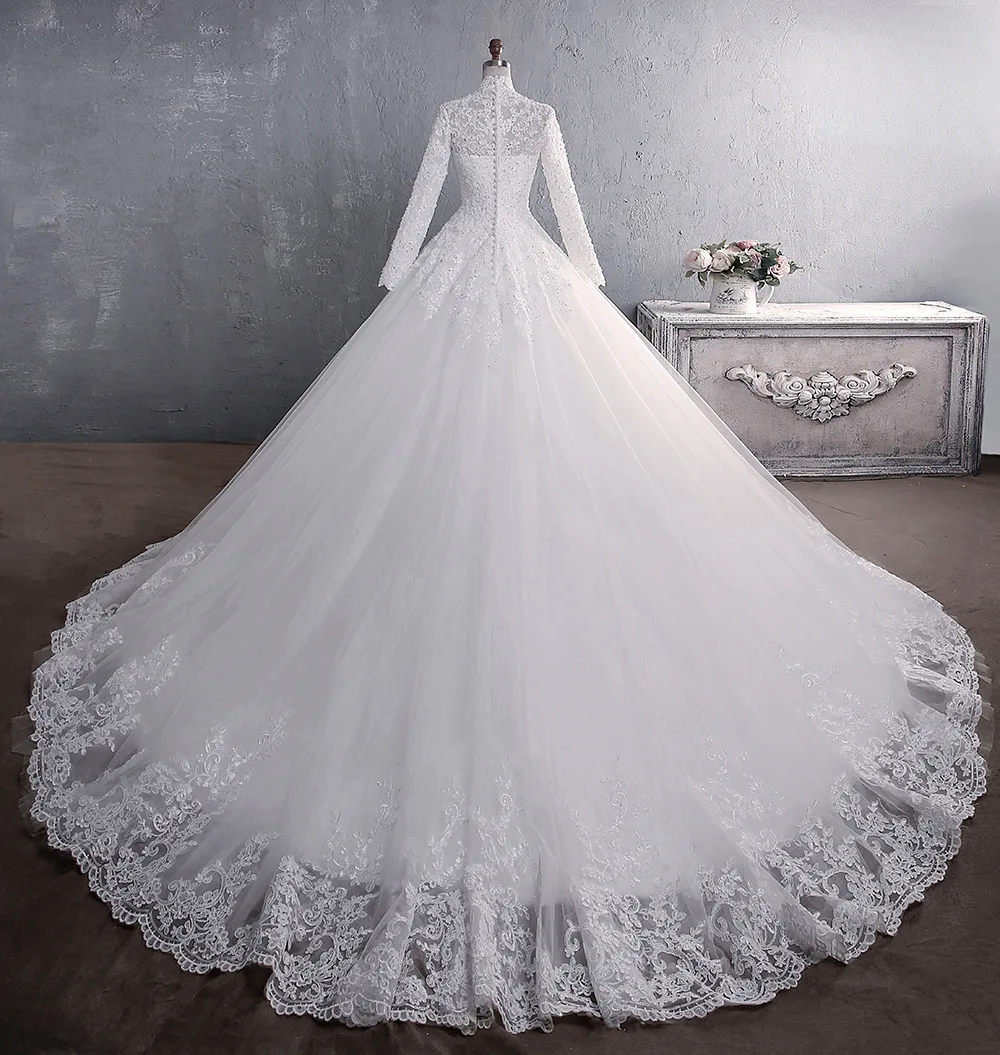 

robe de mariage 2020 Elegant Lace Appliques Long Dresses for Wedding High Neck Train A-line Muslim Arabic Bridal Gowns