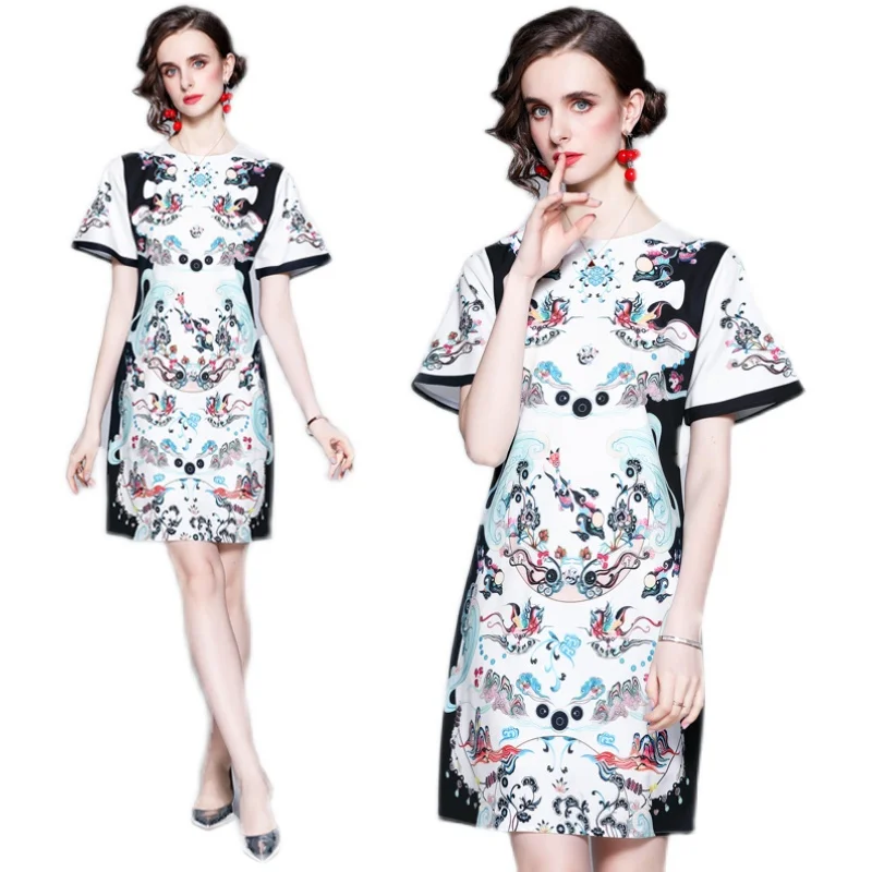 

Fashion show thin printed sleeve loose waist dress summer new temperament