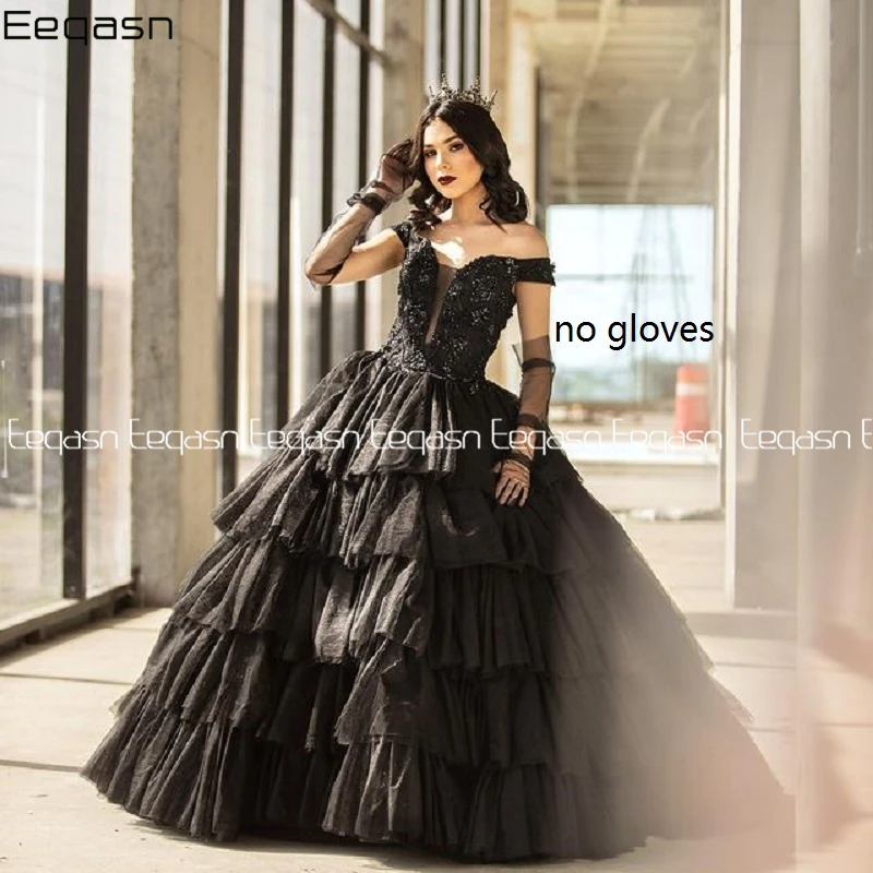 

Black Quinceanera Dresses Off the Shoulder Tiered Tulle Beaded Sweet 15 Princess Masquerade Ball Gown Prom for Wedding Party