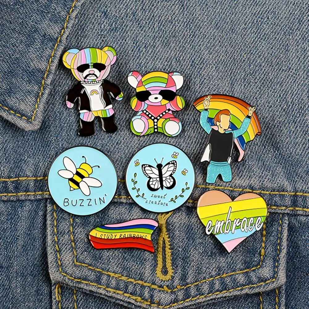 Модная Радуга Сердце Кукла Медведь булавка брошь объятия металлические