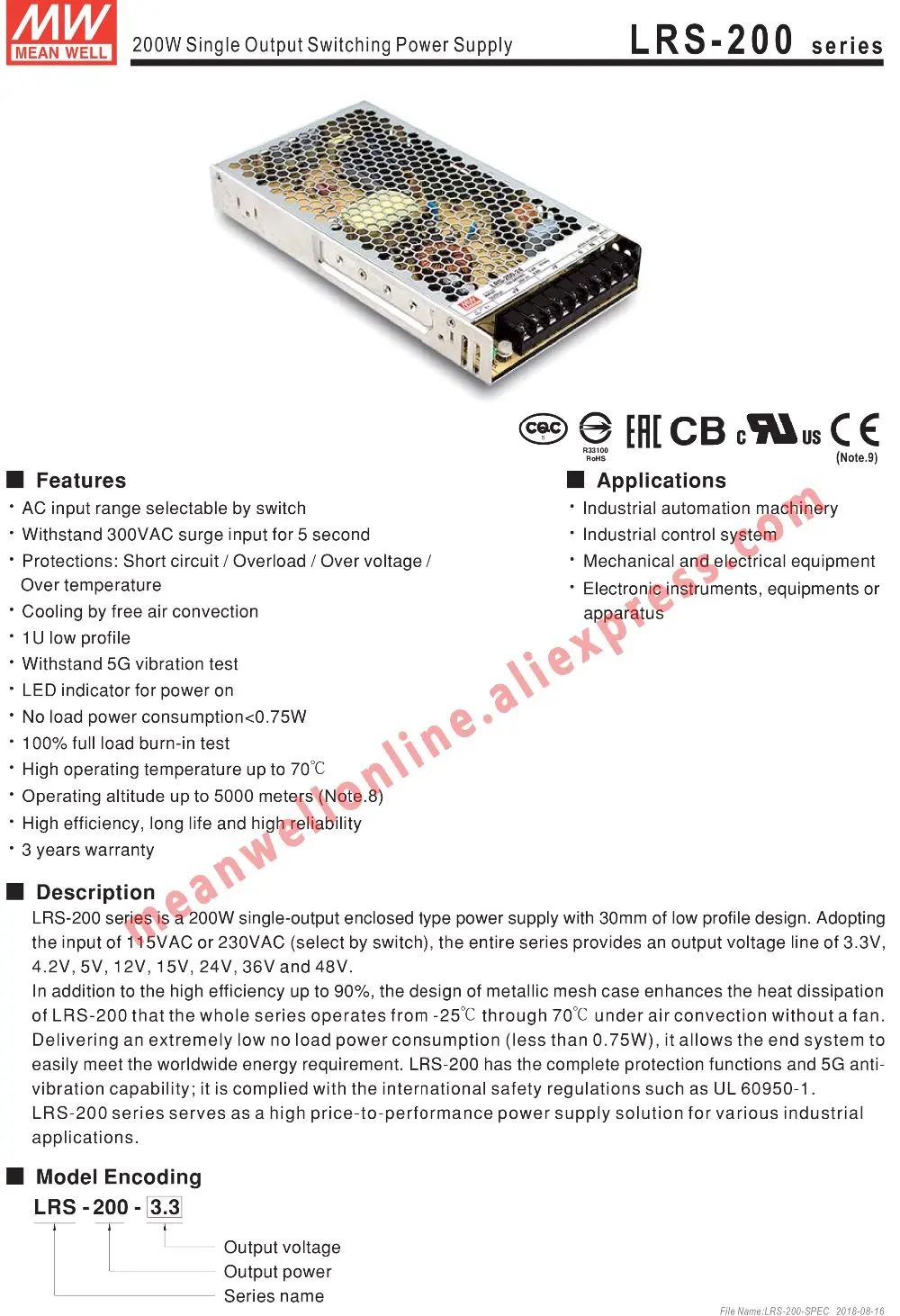 Бренд Mean Well представляет LRS-200-3.3V 4,2 V 5V 12V 15V 24V 36V 48V Переключая Питание MEANWELL AC/DC 200 Вт один Выход
