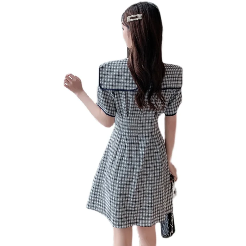 

COIGARSAM Women One Piece Korea Dress Summer 2021 New Plaid Peter Pan Collar Puff Sleeve Black Dresses Robe Traf