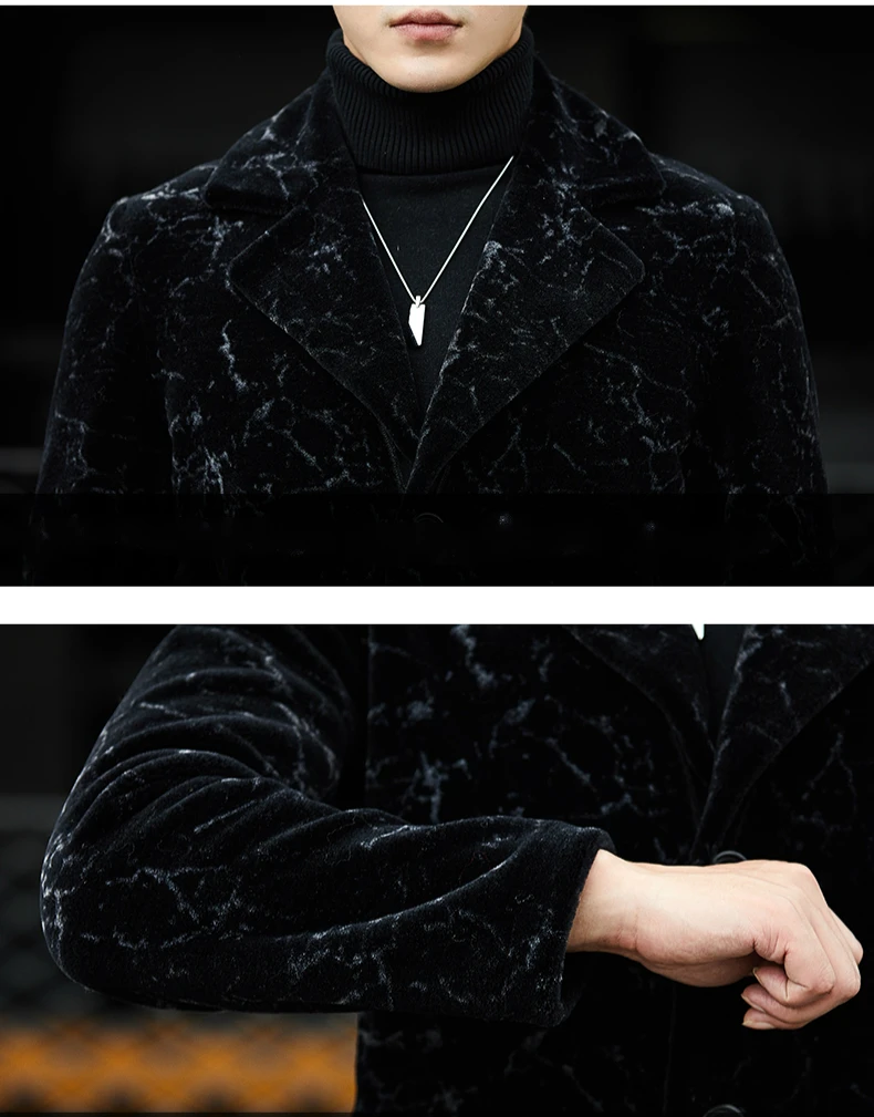 

Printed Winter Men Wool Overcoat Mens Parka Real Fur Leather Jacket Mid-length Fashion Sheep Shearing Trench Coat