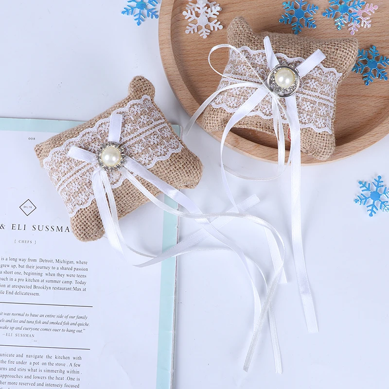 1 шт. кружевной бант кольцо Подушка Свадебная винтажная Мешковина джутовая