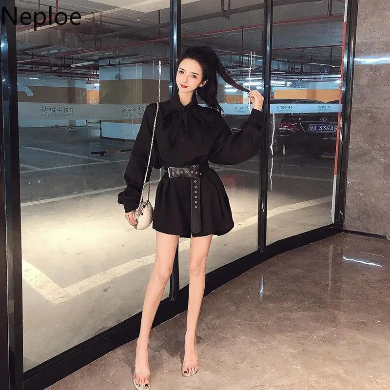 Женское однотонное платье с бантом и длинным рукавом однобортное свободного