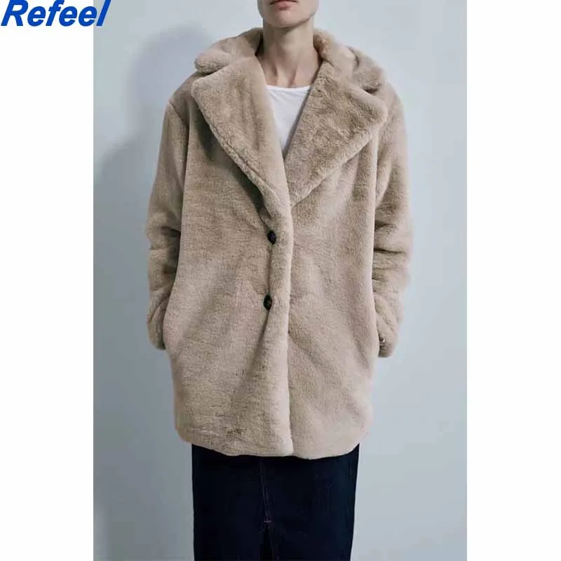 

Женское длинное пальто из искусственного меха, осенне-зимняя плюшевая теплая мягкая верхняя одежда, элегантное облегающее пальто с лацкана...